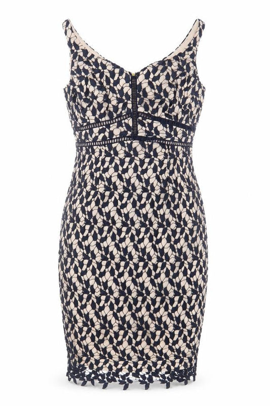 Coast Womens Beige Geometric Polyamide Sheath Size 10 V-Neck Zip - Embroidered