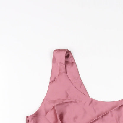 Close-up detail of ASOS women’s pink polyester basic t-shirt, size UK 14, v-neck