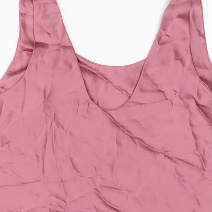 Brand and care label for ASOS women’s pink polyester basic t-shirt, size UK 14, v-neck