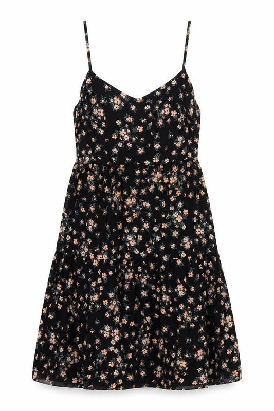 New Look Womens Black Floral Viscose A-Line Size 6 V-Neck Pullover - Belted