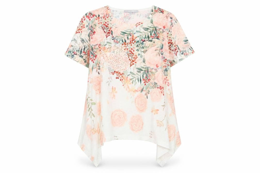 Pebble Bay Womens Pink Floral Polyester Tunic T-Shirt Size M Crew Neck