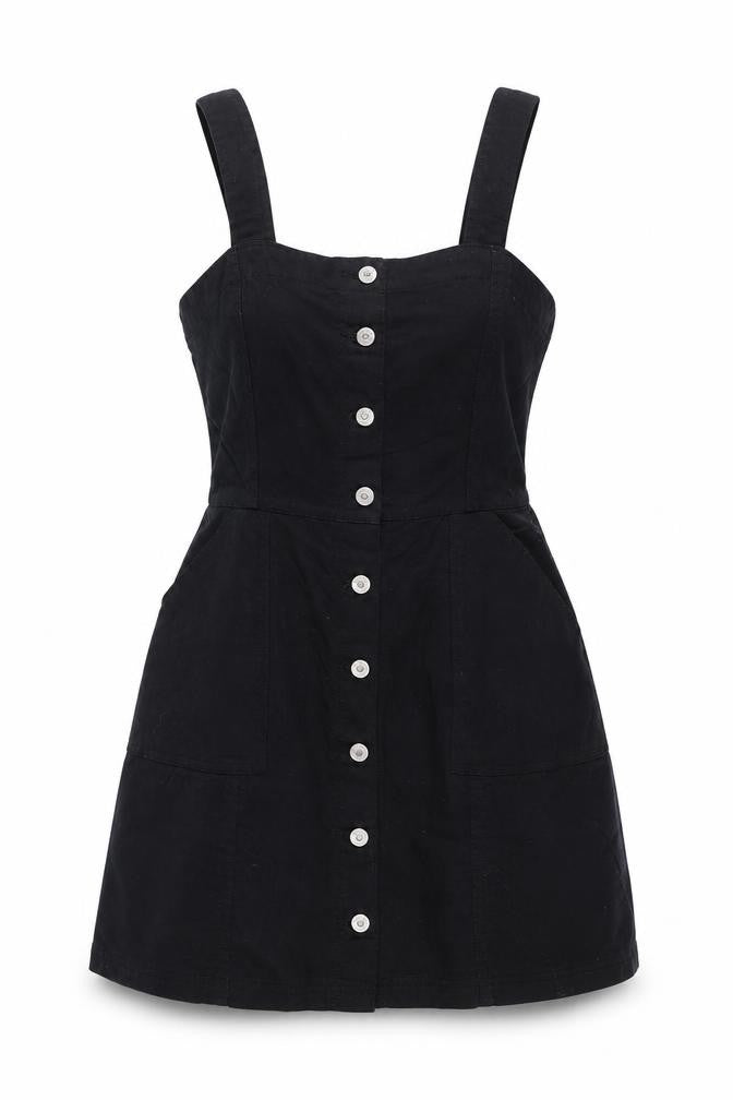 H&M Womens Black Cotton Tank Dress Size 8 Round Neck Button