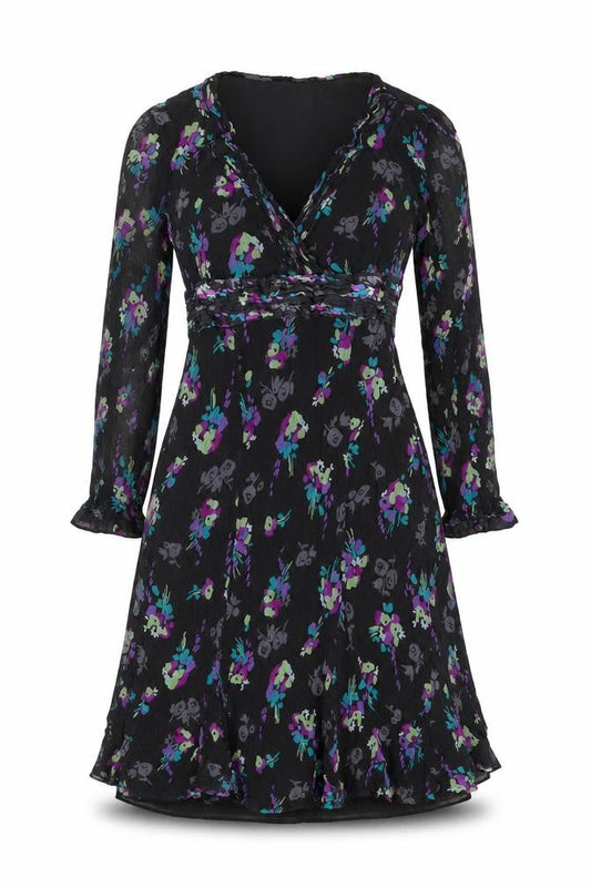 Monsoon Womens Black Floral Silk A-Line Size 14 V-Neck Zip