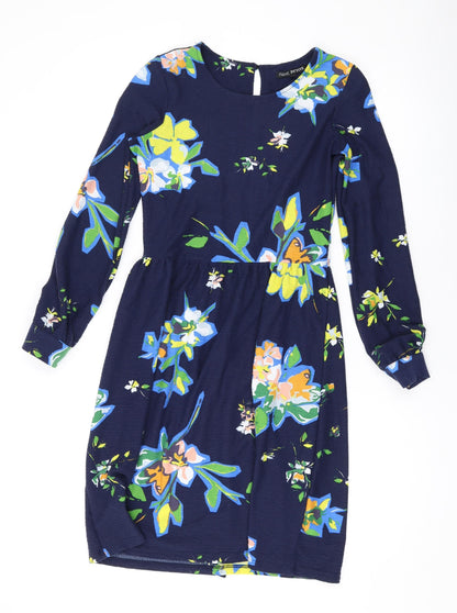 Next Womens Blue Floral Polyester A-Line Size 6 Mock Neck Button