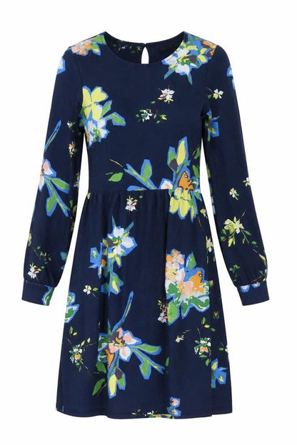 Next Womens Blue Floral Polyester A-Line Size 6 Mock Neck Button