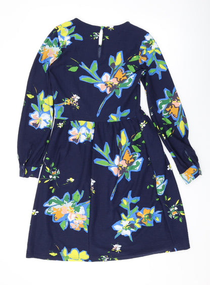 Next Womens Blue Floral Polyester A-Line Size 6 Mock Neck Button