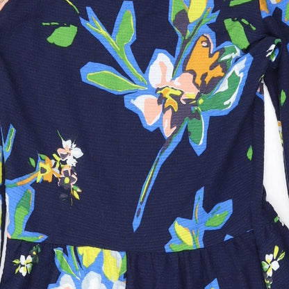 Next Womens Blue Floral Polyester A-Line Size 6 Mock Neck Button