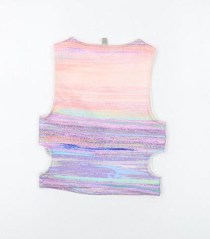 Back view of ASOS women’s multicoloured polyester cropped tank, size UK 8, round neck
