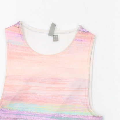 Close-up detail of ASOS women’s multicoloured polyester cropped tank, size UK 8, round neck
