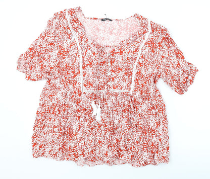 Additional front view of Roman women’s red floral viscose basic blouse, size UK 16, v-neck