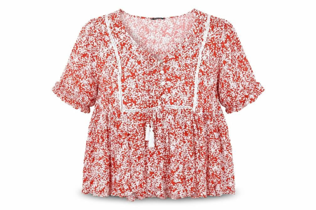 Roman Womens Red Floral Viscose Basic Blouse Size 16 V-Neck