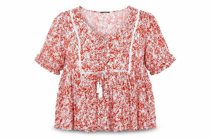 Front view of Roman women’s red floral viscose basic blouse, size UK 16, v-neck