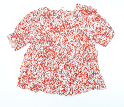 Back view of Roman women’s red floral viscose basic blouse, size UK 16, v-neck