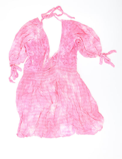 Back view of ASOS women’s pink viscose a-line, size UK 8, v-neck pullover