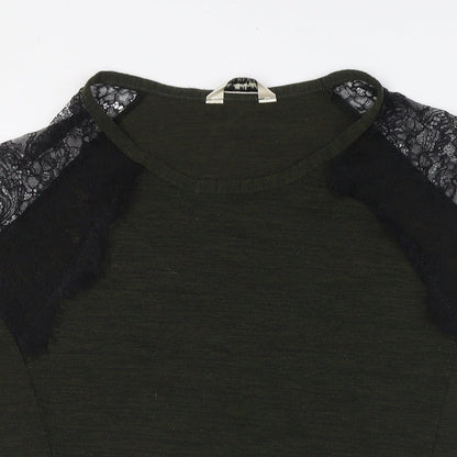 Close-up detail of Miss Selfridge women’s gold polyester basic blouse, size UK 10, boat neck - lace