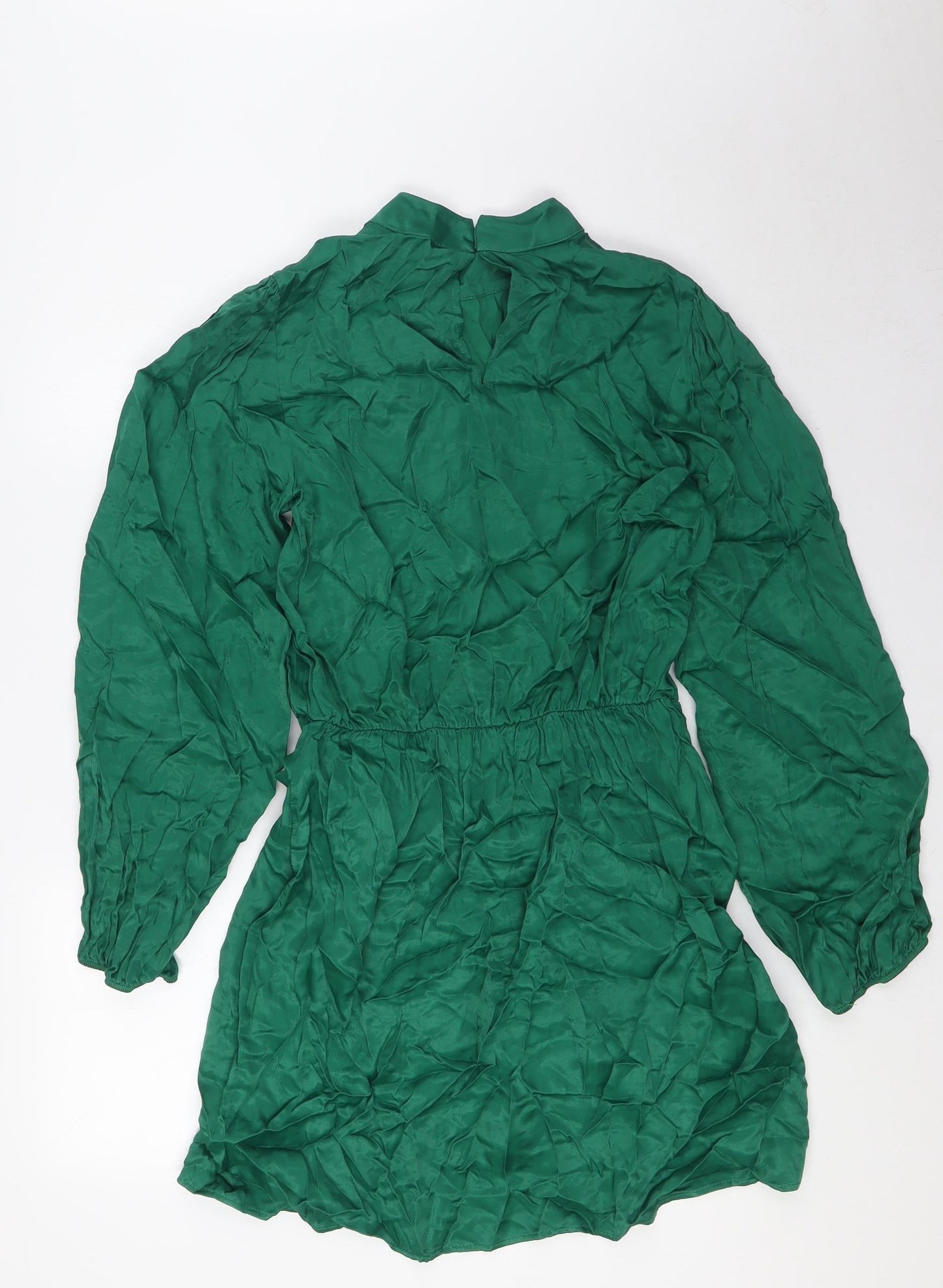 Zara Womens Green Houndstooth Viscose Wrap Dress Size M Mock Neck Button