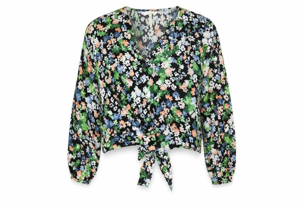 H&M Womens Black Floral Viscose Basic Button-Up Size XL V-Neck