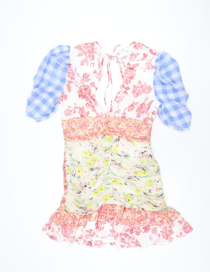 Additional front view of ASOS women’s multicoloured floral polyester mini, size UK 16, v-neck zip