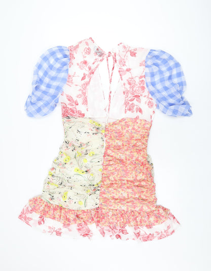 Back view of ASOS women’s multicoloured floral polyester mini, size UK 16, v-neck zip
