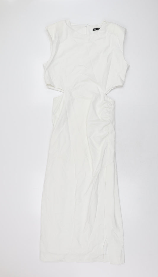 Zara Womens White Polyester Bodycon Size S Round Neck Zip
