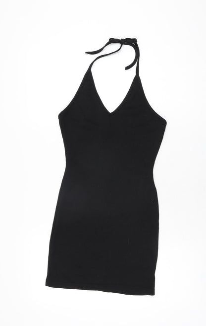 Additional front view of Missguided women’s black polyester bodycon, size UK 8, halter tie