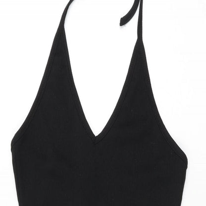 Close-up detail of Missguided women’s black polyester bodycon, size UK 8, halter tie