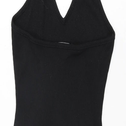 Brand and care label for Missguided women’s black polyester bodycon, size UK 8, halter tie