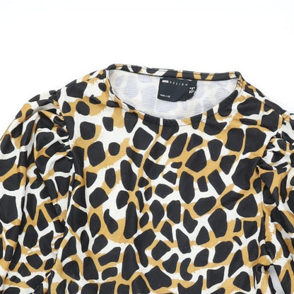 Close-up detail of ASOS women’s multicoloured geometric polyester shift, size UK 8, round neck pullover