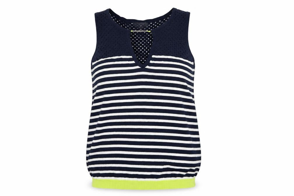 Odemai Womens Blue Striped Nylon Basic T-Shirt Size 6 V-Neck