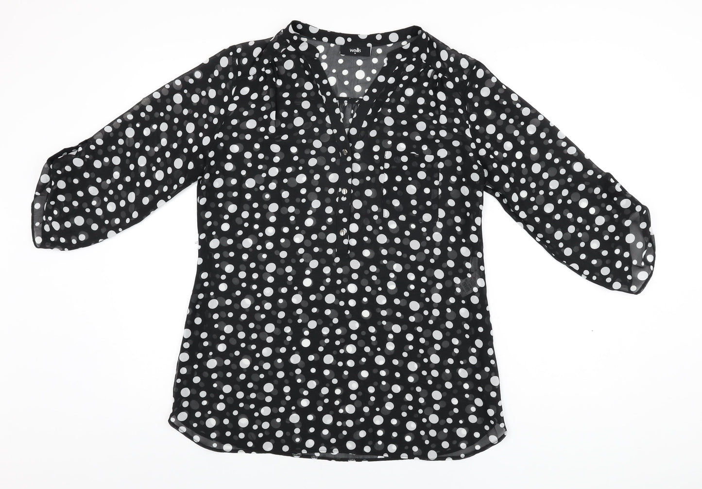 Wallis Womens Black Polka Dot Polyester Basic Blouse Size M V-Neck