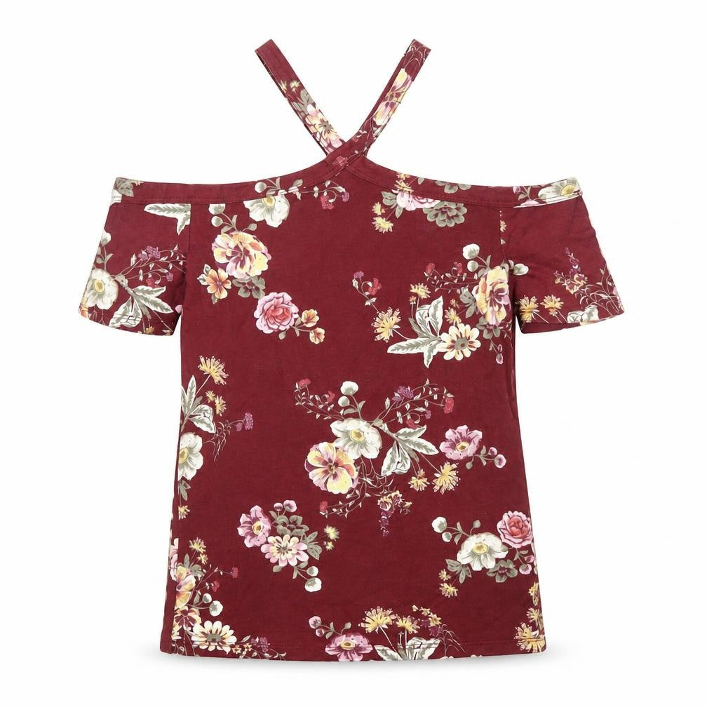 Terranova Womens Red Floral Cotton Basic T-Shirt Size M Square Neck