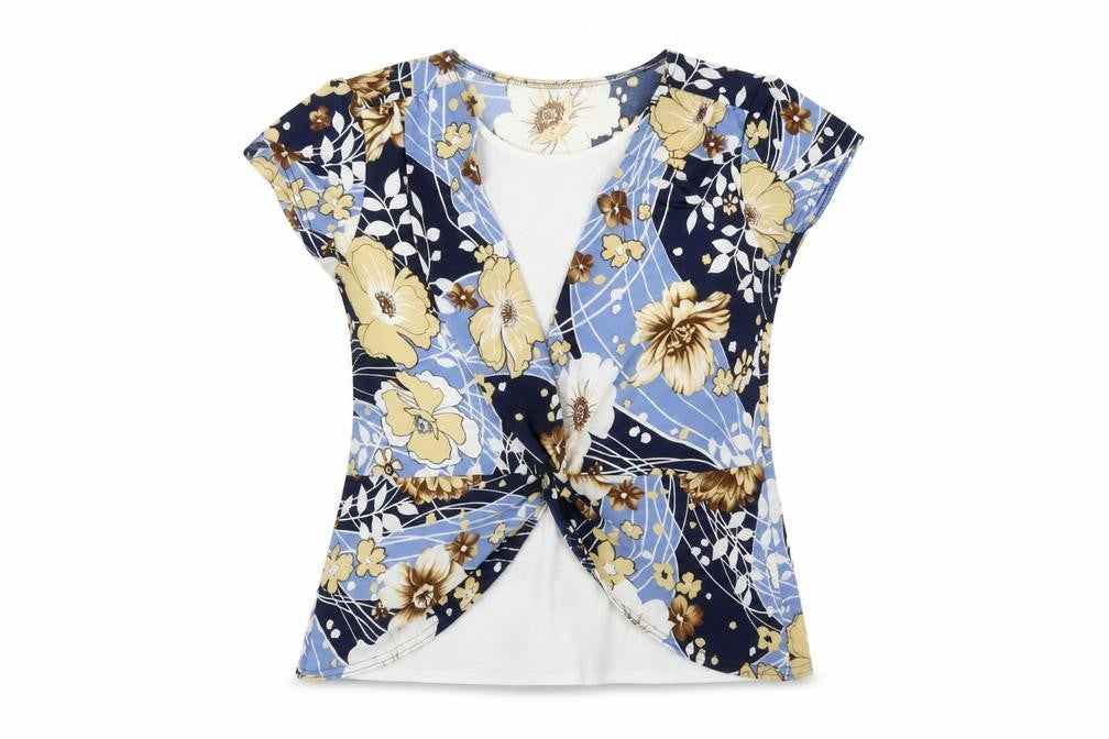 Saloos Womens Blue Floral Polyester Basic T-Shirt Size M Round Neck