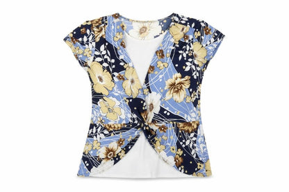 Saloos Womens Blue Floral Polyester Basic T-Shirt Size M Round Neck