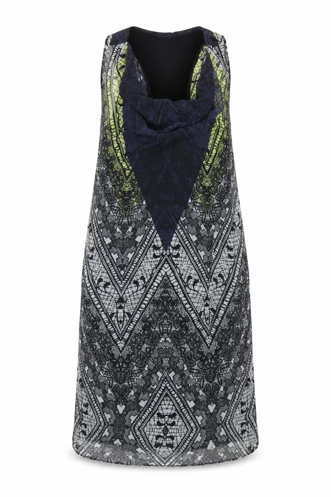 Warehouse Womens Multicoloured Geometric Polyester Tank Dress Size 12 Cowl Neck Pullover