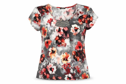 Front view of Roman women’s multicoloured floral polyester basic t-shirt, size UK 14, scoop neck