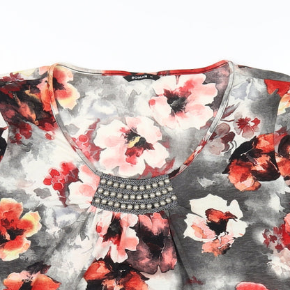 Close-up detail of Roman women’s multicoloured floral polyester basic t-shirt, size UK 14, scoop neck
