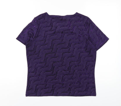 EWM Womens Purple Geometric Polyester Basic T-Shirt Size 14 Round Neck