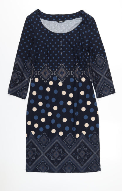 Additional front view of Roman women’s blue geometric polyester a-line, size UK 12, scoop neck pullover
