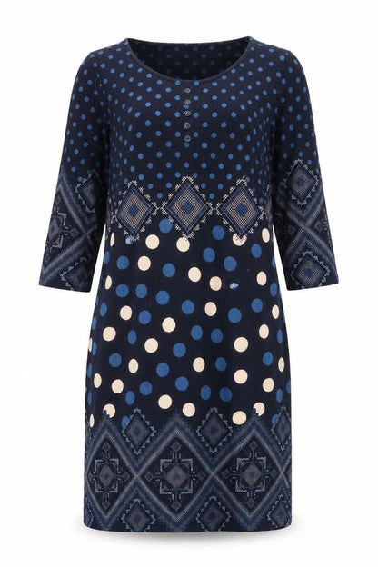 Front view of Roman women’s blue geometric polyester a-line, size UK 12, scoop neck pullover