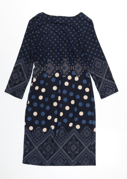 Back view of Roman women’s blue geometric polyester a-line, size UK 12, scoop neck pullover