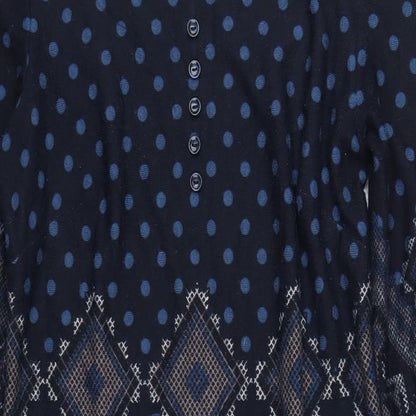 Close-up detail of Roman women’s blue geometric polyester a-line, size UK 12, scoop neck pullover
