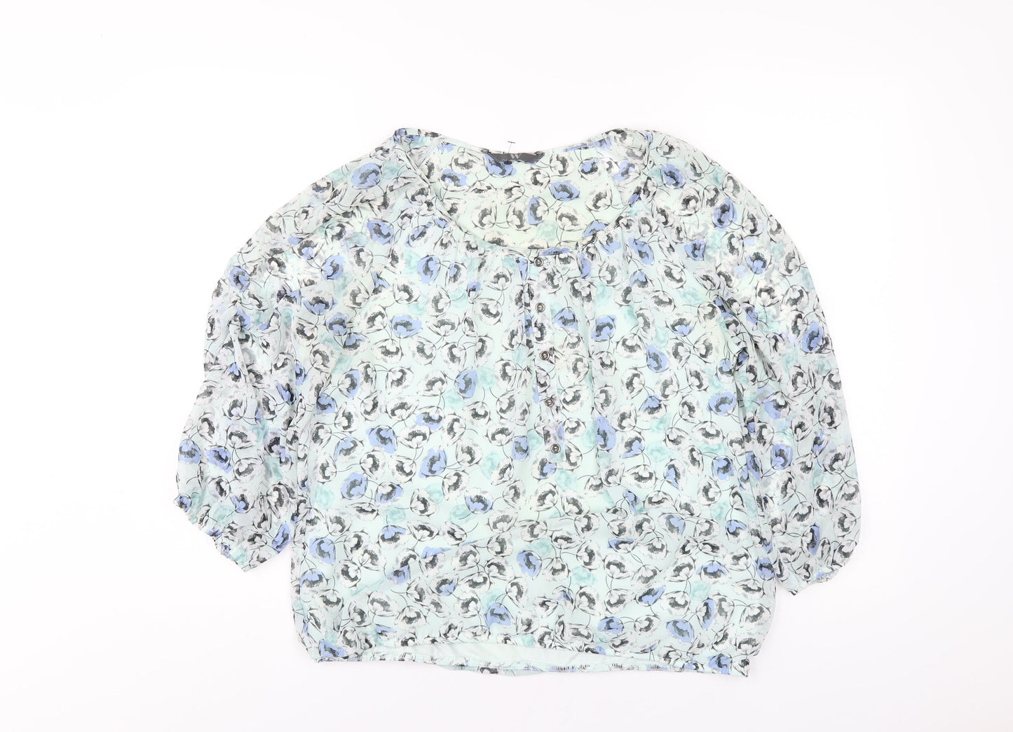 BHS Womens Green Floral Polyester Basic Blouse Size 14 Scoop Neck