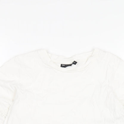 Close-up detail of ASOS women’s white cotton basic t-shirt, size UK 8, round neck