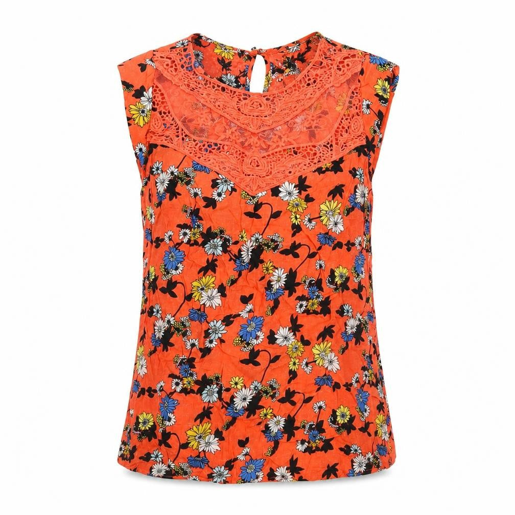 Oasis Womens Orange Geometric Viscose Basic T-Shirt Size 10 Round Neck