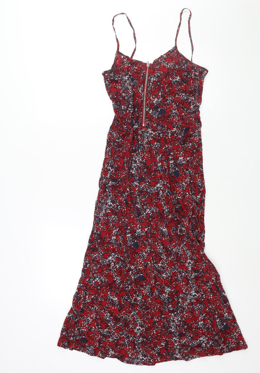 Lonely Hearts Womens Red Geometric Silk Slip Dress Size 6 V-Neck Zip