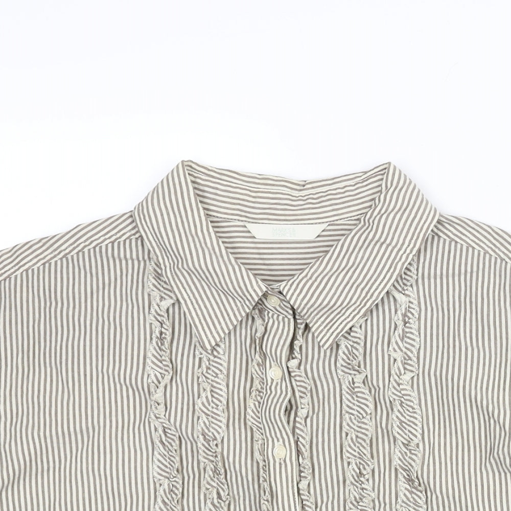 Marks and Spencer Womens Beige Striped Cotton Basic Blouse Size 22 Collared - Frill Detail