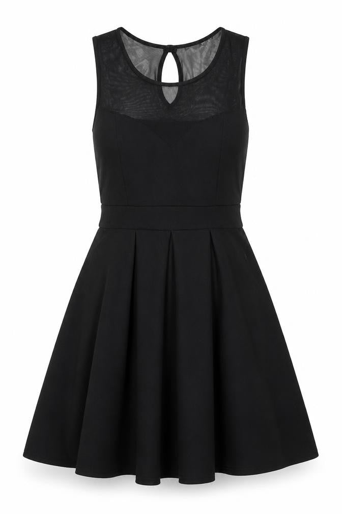 Boohoo Womens Black Polyester Fit & Flare Size 12 Round Neck Button - Mesh Bodice Detail