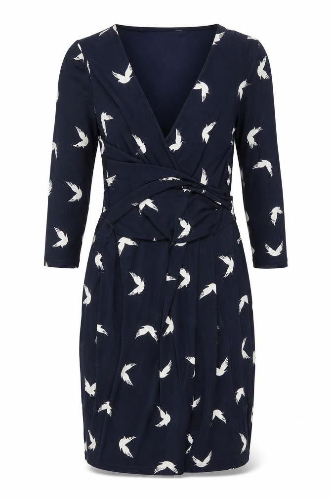 Phase Eight Womens Blue Geometric Polyester Shift Size 8 V-Neck Zip - Belted Bird Print