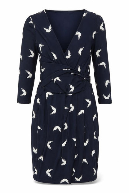 Phase Eight Womens Blue Geometric Polyester Shift Size 8 V-Neck Zip - Belted Bird Print
