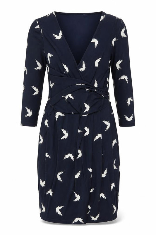 Phase Eight Womens Blue Geometric Polyester Shift Size 8 V-Neck Zip - Belted Bird Print